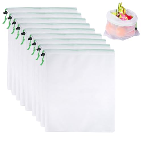 10 Stück Netzbeutel mit Kordelzug 35 x 30 cm Wiederverwendbar Waschbar Tragbar Kordelzug Netzbeutel Faltbar für Lebensmittel, Gemüse, Obst, Bäckerei, Haushalt, Spielzeug, Kleinteile (Transluzent)