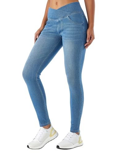 LaiEr Damen V Crossover Skinny Jeans Hohe Taille Bauchkontrolle Casual Fitness Leggings, Weich und elastisch Casual Faux Denim Print mit Seitentaschen(Light BlueXL)