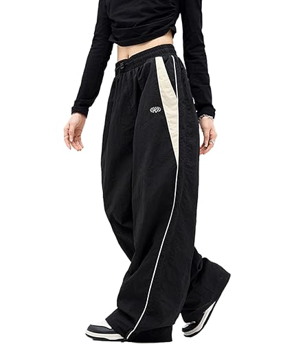 ticticlily Fallschirmhosen Damen Y2K Baggy Parachute Hosen Cargohose Sporthosen Lässige Freizeithose Weite Bein Teenager Trainingshosen Harajuku Retro Hose A Schwarz XS