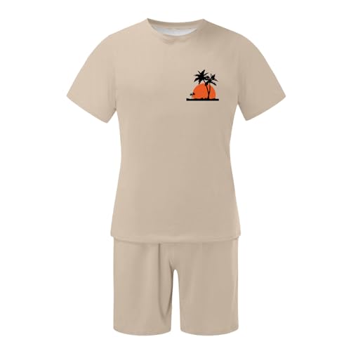 Anzug Reisetasche Herren Kokosnuss Druck Kurzarm T-Shirt Shorts Atmungsaktiv Bequem Casual Style Sportswear(Beige,3XL)