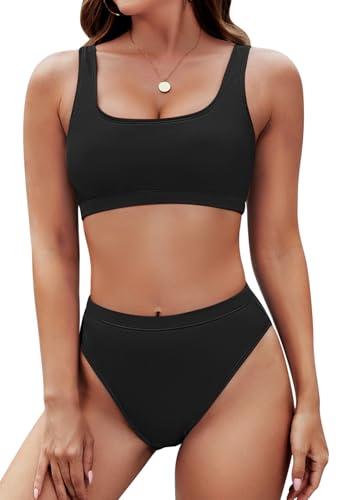 Pink Queen Damen Crop Top Bikini Set Frech 2-Teilig Hohe Taille High Cut Push Up Gepolstert Bademode Strand Schwarz L
