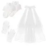 Blumenmädchen handschuhe, Mädchen weiße Satinschleife handschuhe Spitzensocken Dekorativer Schleier Set, Prinzessin Dress-Up Handschuhe für Kommunionen Maskeraden Rollenspiele Aufführungsabende