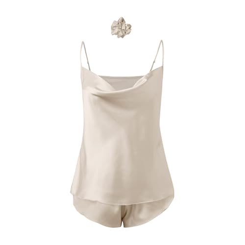 Generisch Bequeme einfarbige Eisseiden-Pyjamas für Damen, Damen-Sling-Shorts-Set, Shorts-Set Schwimmanzug Kinder Schlafanzug Damen Sommer (Khaki, L)