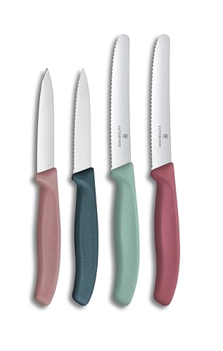 Victorinox Swiss Classic, Obst und Gemüsemesser Set, 4teilig, Scharfe Klinge, Gerader und Wellenschliff, Swiss Made, farbig