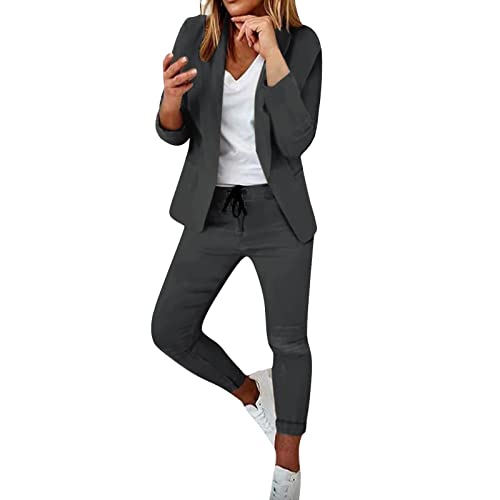 EMATOP Hosenanzug für Damen Zweiteiliger Business Anzug Set Slim fit Freizeitanzug Revers Büro Blazer Hose 2-Teilig Tracksuit Elegant Taillierter Jogginganzug Baumwolle Einfarbig Streetwear