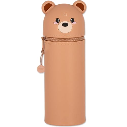 Kawaii Federmäppchen, mäppchen, 2-in-1 Weiche Silikontasche, Cartoon Federmäppchen, Stand Up Federmäppchen, Tier Stifthalter, Stifte Mäppchen, Stifthalter Bleistifttasche Mädchen Junge (Braunbär)