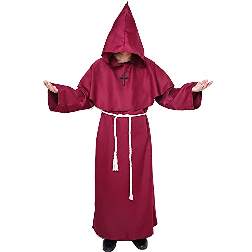 Myir JUN Mönch Robe Kostüm Mönch Priester Gewand Halloween Kostüm mit Kapuze Mittelalterliche Kapuze Herren Männer Mönchskutte (Rot, Large)