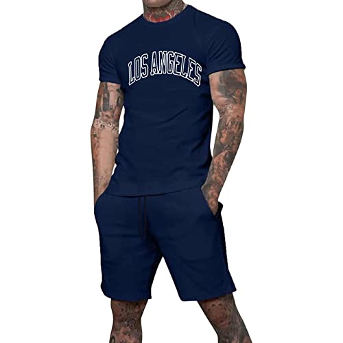 Herren-Pullover mit Rundhalsausschnitt, kurzärmelig, T-Shirt, Kordelzug, Shorts, , zweiteiliger Reisekleidersack Herren Jogginganzug Langarm Reißverschluss Jogging Sweatshirt für (Dark Blue, L)