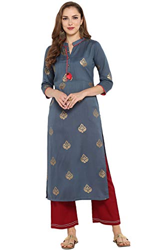 Janasya Indian Tunika Tops Poly Silk Kurti für Frauen (JNE2307 - KR - 572 - S) Grau