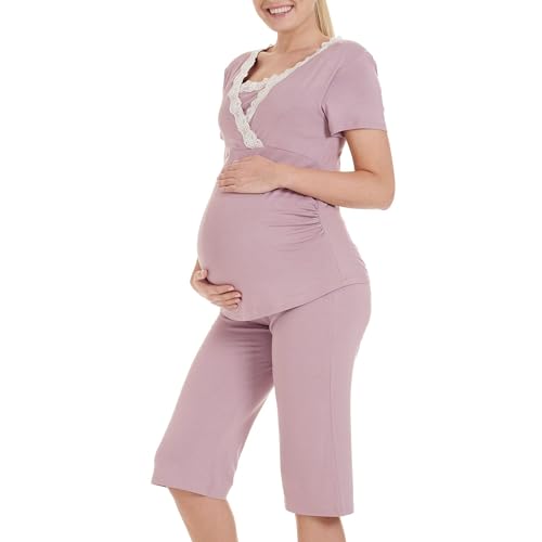 Herzmutter Stillpyjama-Umstandspyjama - Schlafanzug für Damen mit Spitze - Stillfunktion - Nachtwäsche für Schwangerschaft - Kurzarm - 2500 (M, Altrosa)