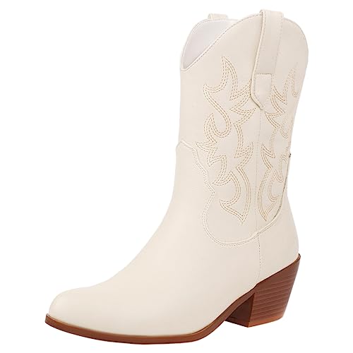 rismart Damen Cowboystiefel Western Stiefel Mitte Kalb Gestickt Cowgirl Schuhe Beige,39
