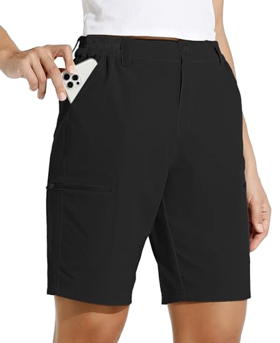 WILLIT Damen Shorts Wanderhose Kurze Hose Sommer Cargohose Radhose Stretch Sporthose Golfshorts Schnelltrocken Wander Outdoor Leichte Reise Shorts mit Taschen Schwarz L