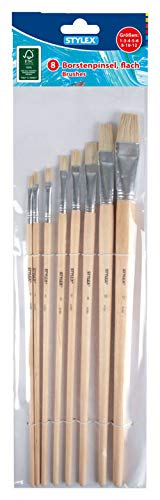 Stylex 28682 - Pinsel-Set mit 8 flachen Borstenpinseln in den Größen 1, 3, 4, 5, 6, 8, 10 und 12, zum Malen mit Deck-, Tempera, Aquarell-, Öl- und Acrylfarben, ideal auch für die Schule