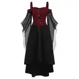 Prinzessin Kleid Mädchen, Abendkleider Lang Latzröck Damen Damen Mode Halloween Kostüm Vintage Gothic Solid Colour Patchwork Kleider Damen Kleid Sexy Kleider Damen Kleider Damen Winter(Rot,S)