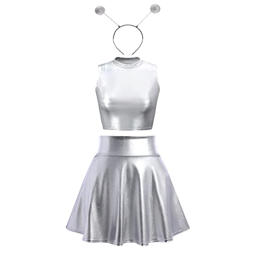 FYMNSI Damen Rave Tanz Outfit Außerirdisches Alien Kostüm Glänzed Metallic Wetlook Weste Crop Top und Hohe Taille Minirock Haarband Set Leder Optik Oberteil Sexy Gogo Clubwear Fasching 5# Silber S