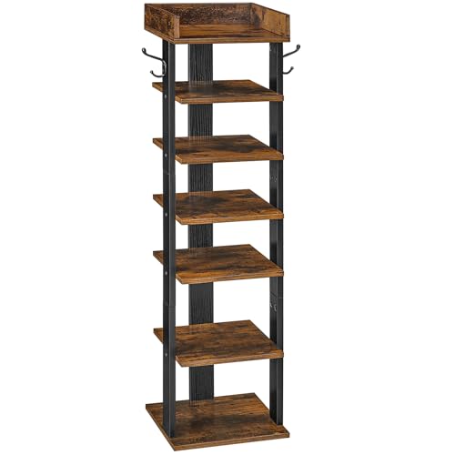HOOBRO Schuhregal, vertikales Schuhablage, 7-lagiger Schuhschrank, schmale Schuhständer mit Zaun und Haken, platzsparend, für Flur, Wohnzimmer, Schlafzimmer, Dunkelbraun-Schwarz EBF61XJ01