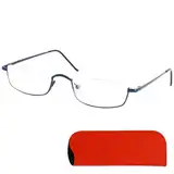 Mini Brille Metall Halbrand oben Lesebrille Halbbrille Rechteckig, Gratis Etui und Brillenputztuch, Edelstahl Rahmen (Blau) mit Federscharnier, Lesehilfe Damen und Herren +1.5 Dioptrien