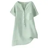 Linen Blouse Summer Beach Short Sleeve V Neck Down Top Casual Tunic Loose Shirt Damen Bluse Elegant Festlich (Mint Green XXXXXL)