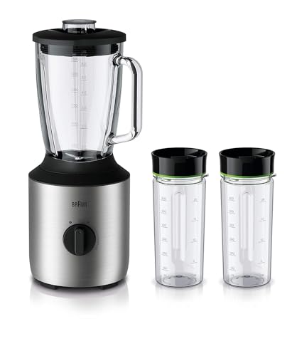 Braun Household PowerBlend 3 JB 3272 Standmixer - 1,5 l Glas-Mixaufsatz, Küchenhelfer zum Zerkleinern, Pürieren & Mixen, inkl. 2 Smoothie2Go Flaschen, 800 Watt, Edelstahl