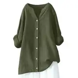Generisch Leinenbluse Damen Sommer Vintage Einfarbig Oversize Tshirt Baumwolle Leinen Bluse Tunika Shirt Langarm V-Ausschnitt T-Shirt Locker Blusenshirt Große Größen Pullover Tops Longbluse Hemd