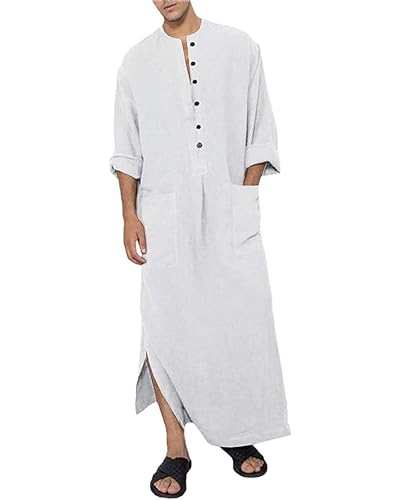 YAOHUOLE Lang Nachthemd Herren Kaftan Leinen Herren Langarm Kaftan Weiß Herren Weiß 2XL