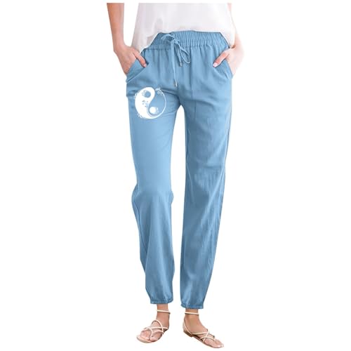 Strand Hose Damen Lässige, minimalistische Frühlings-/Sommerhose für Damen in einfarbiger Farbe mit bedruckten Taschen Kordelzug. Heimhose 7 Gestreifte Hose Damen Sommer Hosen für (Sky Blue, XXXL)