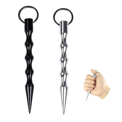 WANGENPING 2 Stück Kubotan Selbstverteidigung, Wellengriff Defense Metallstab mit Schlüsselrin, Selbstverteidigung Waffen Legal, Verteidiguns Waffen für Frauen(Schwarzes, Silbernes)