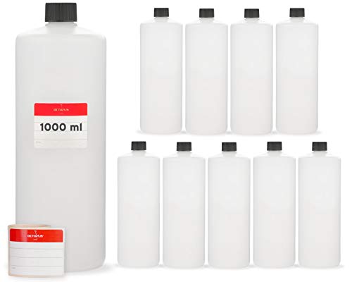 10 x 1000 ml Kunststoffflaschen, 1 Liter Plastikflaschen aus HDPE , Rundflaschen mit schwarzen Schraubverschlüssen bzw. Deckeln, Leerflaschen mit Gewindegröße 25 mm, inkl. Beschriftungsetiketten