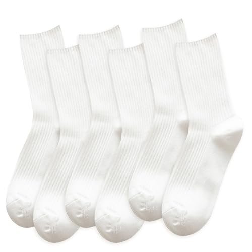 Ruzister 3 Paar Damen-Crew-Socken aus Premium-Baumwolle Stricken, niedliche, ästhetische Sportsocken für Freizeitkleidung, Geschenk für Frauen Weiß