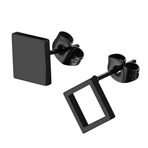 JewelryWe Schmuck Viereck Ohrstecker Edelstahl Klassische Asymmetrische Rechteck Quadrat Ohrringe Ohr-Piercings Ohrschmuck für Herren Damen Schwarz