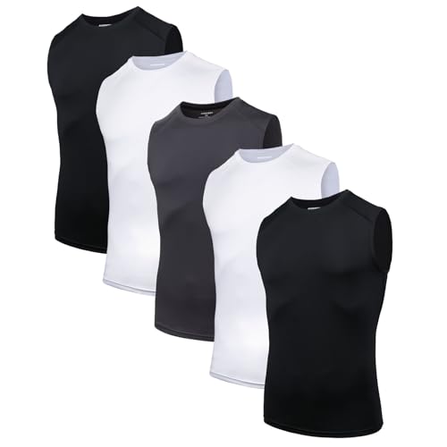 AMZSPORT 5er Pack Herren Tank Top Atmungsaktiv Kompressionsshirt Funktionsshirt Laufshirt Ärmelloses Unterhemd für Sport, Gym, Fitness und Running Schwarz Weiß Grau XL