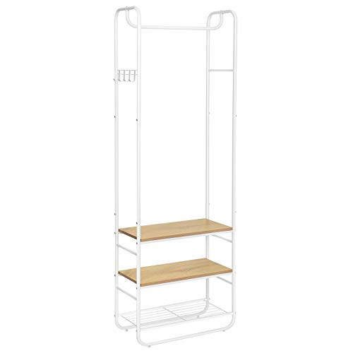 VASAGLE Garderobenständer, Garderobe, Kleiderständer, mit Schuhablage, Schuhregal, Flur, Schlafzimmer, 58 x 28 x 181 cm, skandinavisch, mattweiß-goldeichenfarben HSR81WN