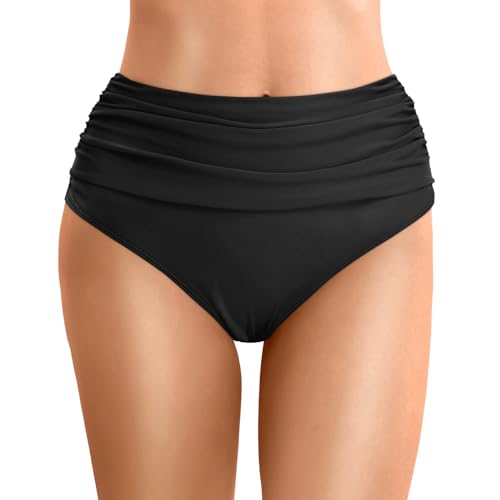 High Waist Bikinihose Damen Badeshorts Badeanzug Retro Bauchweg High Waist Schwarz Bikinihose Abdominal Kontrolle Ruched Klassische Badehose Große Größe