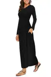 BDTECAOR Maxikleid Damen Langarm Rundhals Schwarz Lange Kleid Mit Tasche M