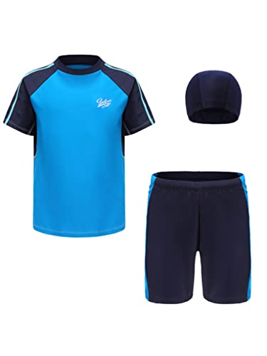 Kaerm Kinder Junge Badeanzug Bademode Dreiteiler Kurzarm UV-Schutz Bade Set Motiv Rash Guard Shirt Stretch Badeshorts mit Badekappe Beachwear Blau 152-158