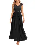 Gardenwed Abendkleid elegant für Hochzeit V-Ausschnitt Spitzen Cocktailkleid Damen Kurzarm Ballkleid mit Rüschen Party Abschlussballkleid Lang festliches Kleid Black L