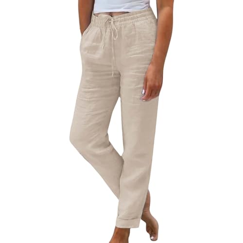 Generisch leichte Sommerhose Damen Leinenhose Damen Sommer 7 8 Stoffhose Sommer mit Gummizug Straight Leg Baumwolle leinen Hose Bequeme leicht elegant locker Schlupfhose Stoffhose b-beige XXL