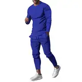 QWUVEDS Sportanzug Herren 2-teiliges Herbst-Outfit für Herren, lässig, Rundhalsausschnitt, Muskel-Langarmpullover Klassische Passform, Jogginghosen-Set, Trainingsanzug Garnitur (24-0214C-Blue, L)