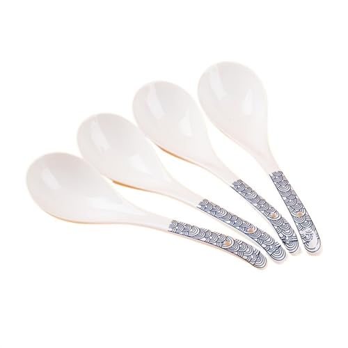Küche 4-teiliger japanischer Keramik-Suppenlöffel, Porzellan-Reislöffel mit langem Griff und blauem Aufdruck, traditioneller chinesischer Löffel, Congee-Löffel, Nudellöffel mit langem Griff Dessertlöf