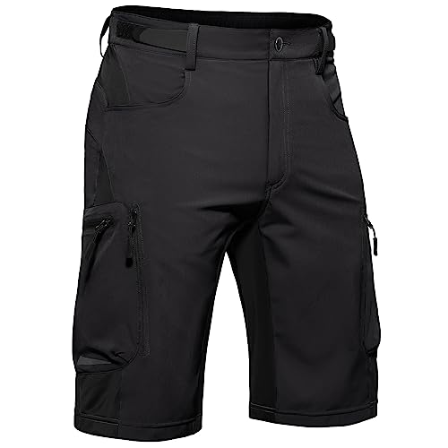 Hiauspor Kurze Hosen Herren, Leichte Wanderhose Atmungsaktiv Schnelltrocknen Cargo Bermuda Shorts Elastische Radlerhose MTB Fahrradhose Outdoorhose Sport Radhose Sommer 6 Taschen (Stylish-Black, L)