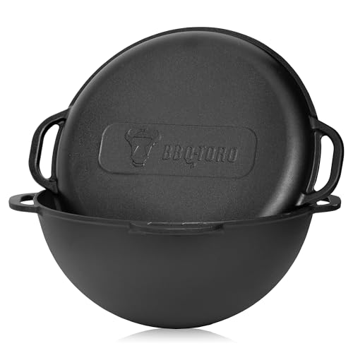 BBQ-Toro Gusseisen Kazan mit Deckel | 16 Liter | Traditioneller Gusstopf | Kasan mit rundem Boden | Grillwok preseasoned-bereits eingebrannt | Schmortopf zum Kochen, Schmoren, Braten, Frittieren