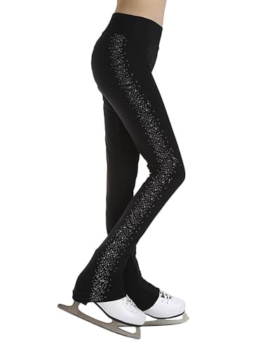 Freebily Kinder Mädchen Eiskunstlaufhose mit Strasssteinen Glitzer Schlittschuhhose Stretch Gymnastik Sportleggins Ballett Tanz Strumpfhose Schwarz_A 122-128