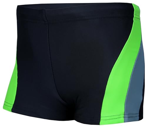 Aquarti Jungen Badehose Schwimmhose Seitliche Paspel Kinder Badeshorts, Farbe: Schwarz/Grau/Grün, Größe: 134