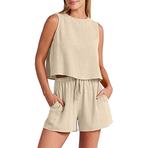 Modisches, lässiges Zweiteiler-Set für Damen, ärmellos, einfarbig, lockere Shorts mit hoher Taille Jogging Set Hausanzug Damen Sommer Hausanzug Damen Elegant Damen Jogginganzug Damen (Beige, S)