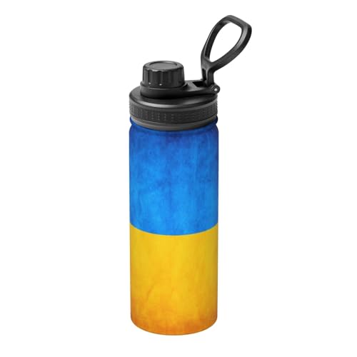 Isolierte Sportwasserflasche, Motiv: ukrainische Flagge, 530 ml, tragbarer Edelstahl-Reisebecher