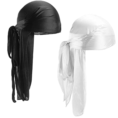 2 Stücke Durag mit Langem Schwanz, Unisex Durag Men Silk Piraten Bandanas mit Langem Schwanz und Breiten Trägern für Männer Frauen die tägliche Hip-Hop-Dekoration (Schwarz+Weiß)