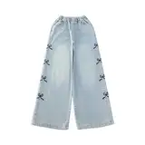Generisch Jeans für Mädchen mit Herzmuster hohe Taille elastisch dehnbar weites Bein Denim-Hose Used-Look niedlich lässig Jeans Patch