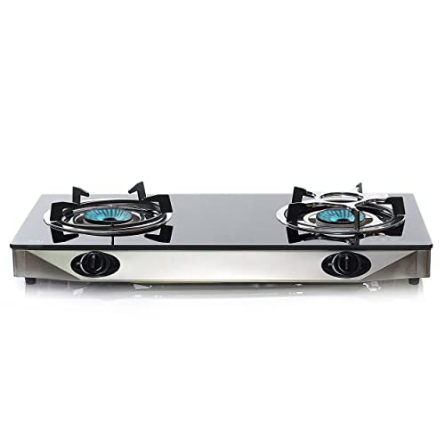 NJ NGB-S2 Gasherd für den Innenbereich, 2 Brenner, tragbarer Gasherd, LPG-Herd, für Wohnwagen, schwarze Glasplatte, für Zuhause, Küche, Camping, Garten, Catering, 6,8 kW