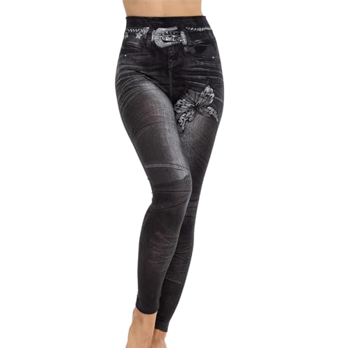 Gefälschte Jeans mit Denim-Print für Damen sehen wie Leggings, sexy, dehnbar, hohe Taille, schmale, dünne Jeggings Jeggings Damen High Waist Jeansoptik Damen Langgrößen Yoga Hosen (24-0212B-Black, L)