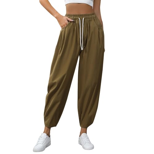 Yogahose Sommer Dünn Damen Einfarbige Damenhose mit Tasche elastischer Taille, lockeres T-Shirt, lässige, lockere Hose Womens Hiking Outdoor Recreation Pants (Khaki, L)